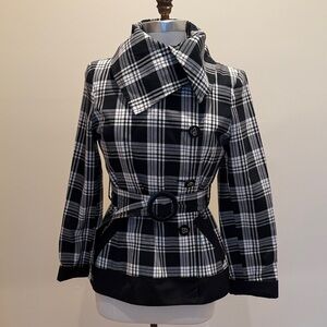 Guess Black and White Plaid Coat with Belt